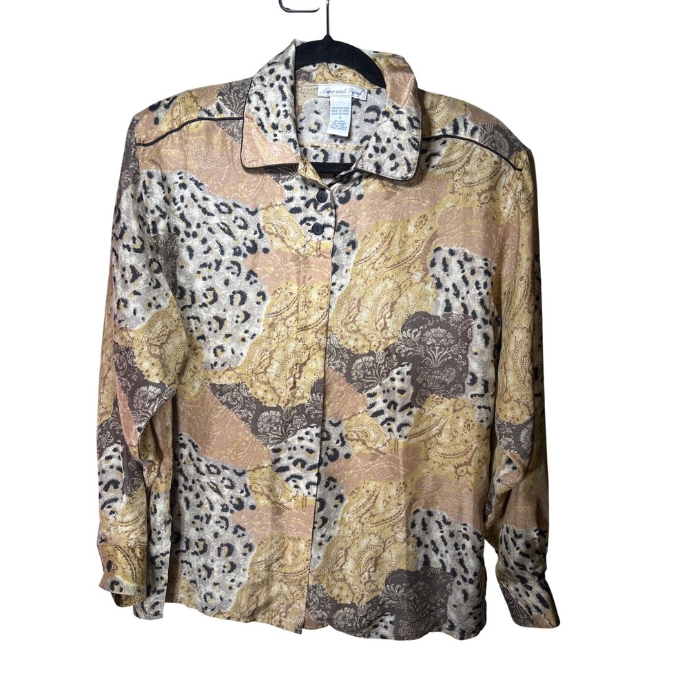 Anna and Frank Vintage 100% Silk Leopard Paisley Patchwork Blouse Gold Small